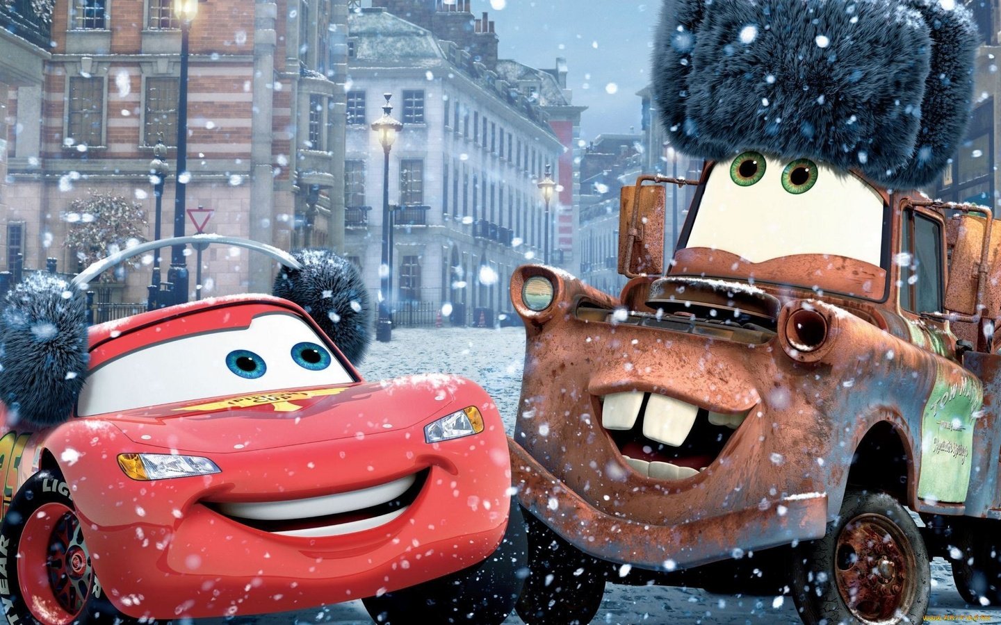 Обои снег, зима, мультфильм, тачки-2, cars2, молния маккуин, мэтр, snow, winter, cartoon, cars-2, lightning mcqueen, mater разрешение 1920x1200 Загрузить