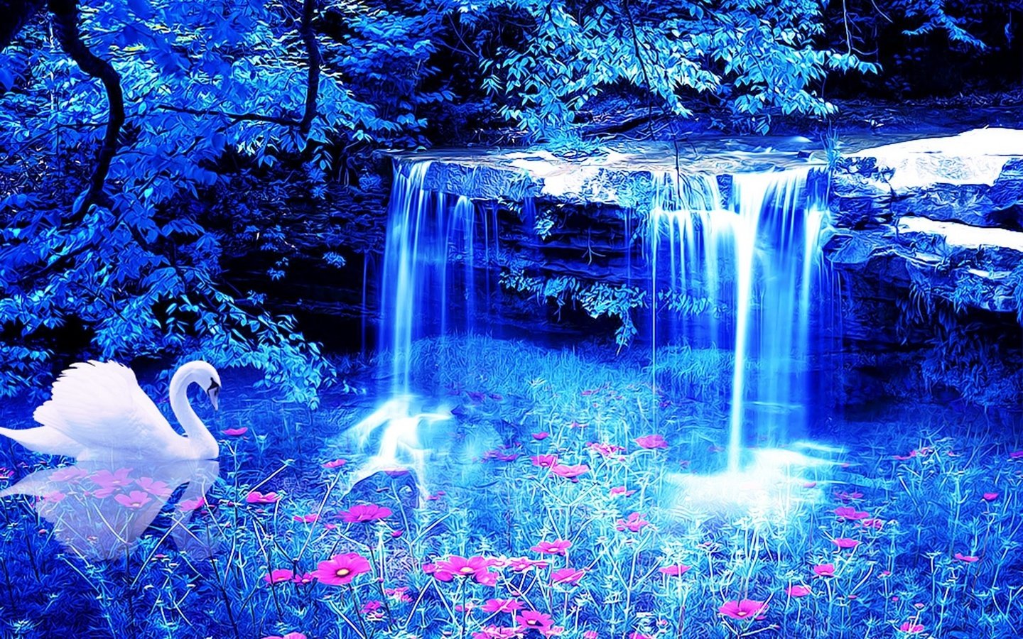 Обои цветы, водопад, лебедь, 3д, flowers, waterfall, swan, 3d разрешение 1920x1200 Загрузить