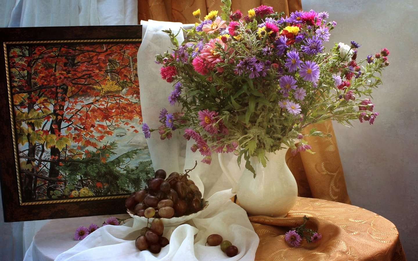 Обои картина, виноград, осень, букет, натюрморт, астры, цинния, picture, grapes, autumn, bouquet, still life, asters, zinnia разрешение 1920x1261 Загрузить