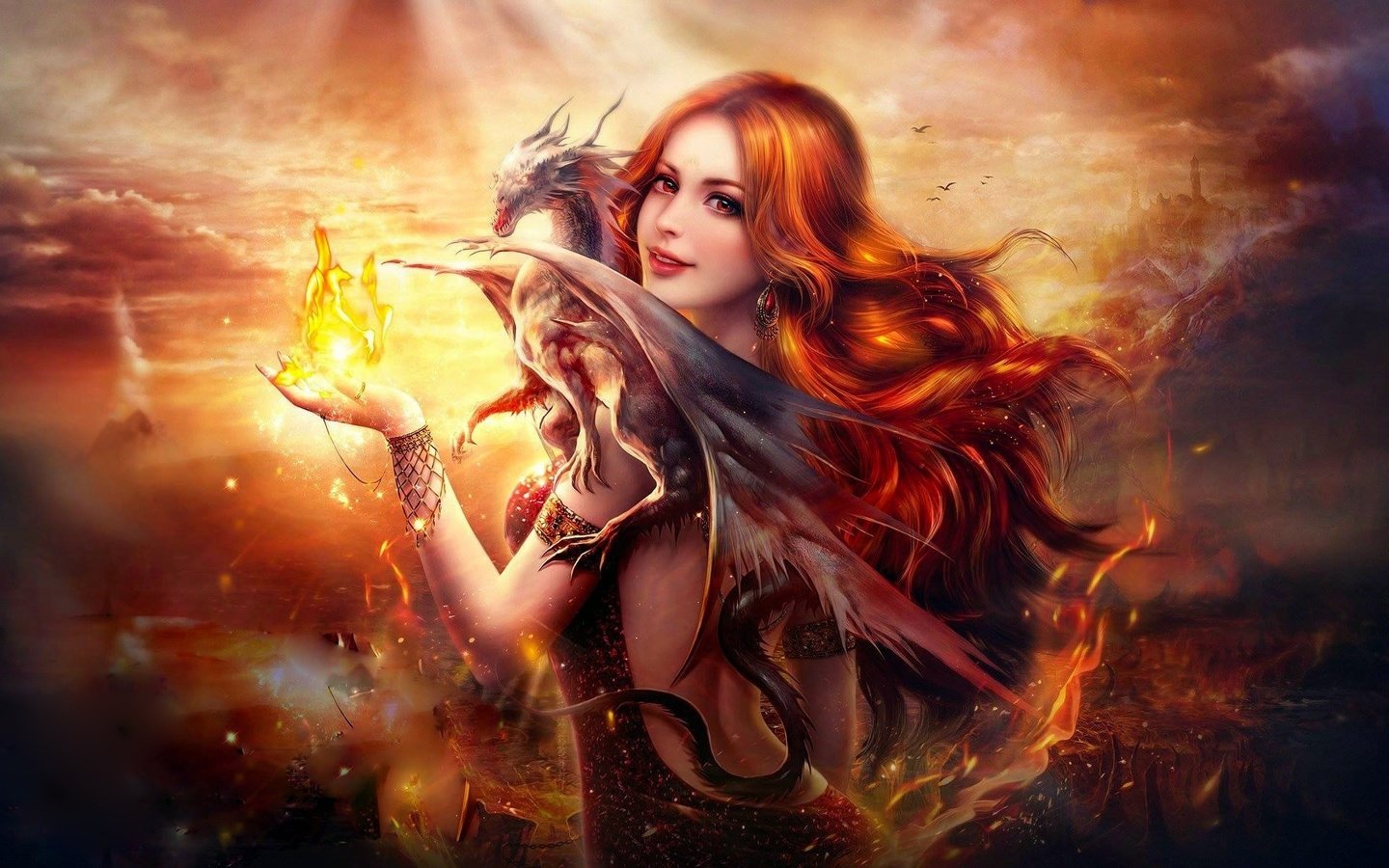 Обои арт, хорошенькая, пламя, рыжеволосая, девушка, цифровая, огненная, дракон, gевочка, самка, огонь, женщина, красива, фантазии, art, pretty, flame, redhead, digital, girl, dragon, female, fire, woman, beautiful, fantasy разрешение 1920x1200 Загрузить