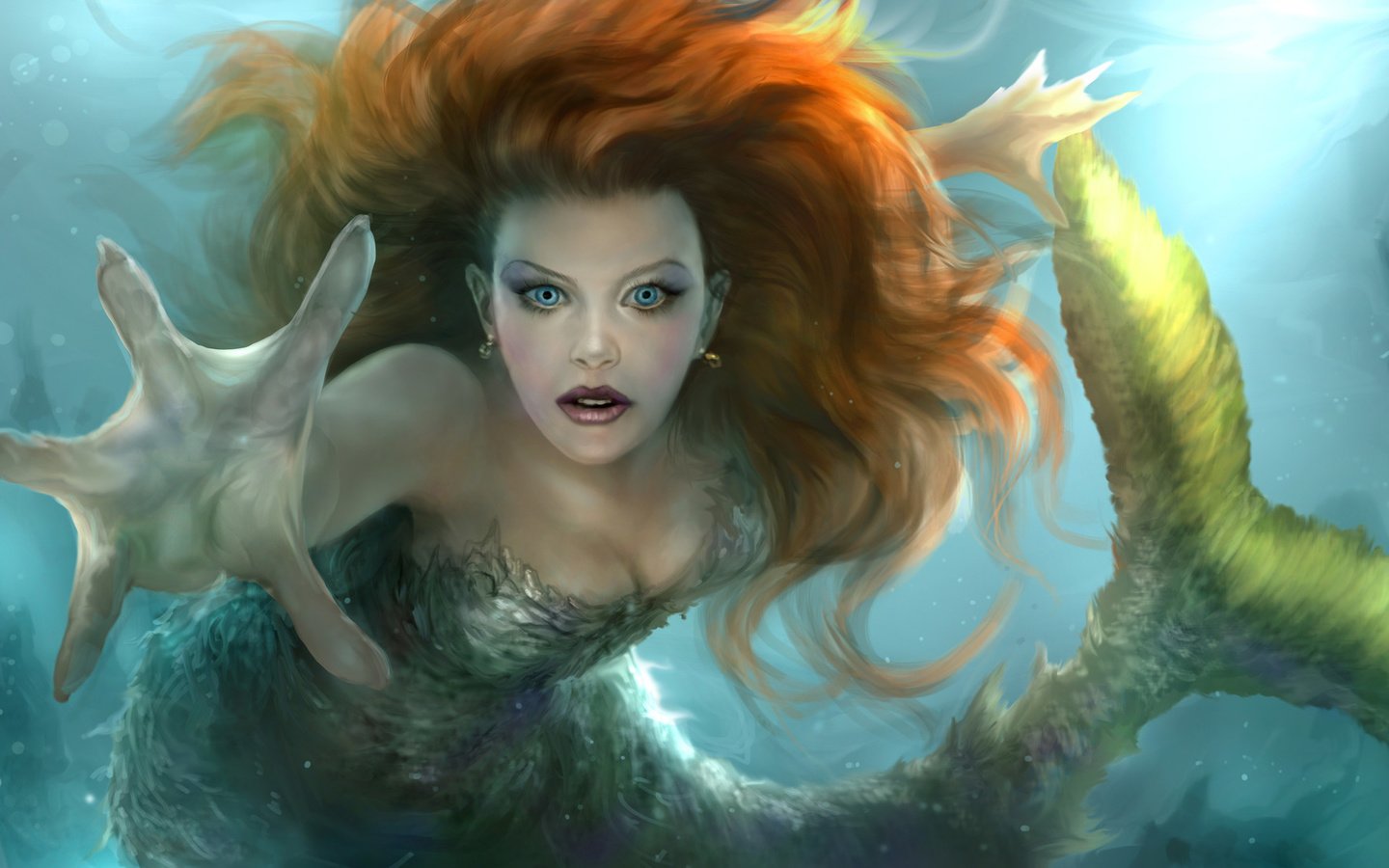 Обои арт, вода, рука, взгляд, волосы, хвост, русалка, плавник, art, water, hand, look, hair, tail, mermaid, fin разрешение 1920x1096 Загрузить