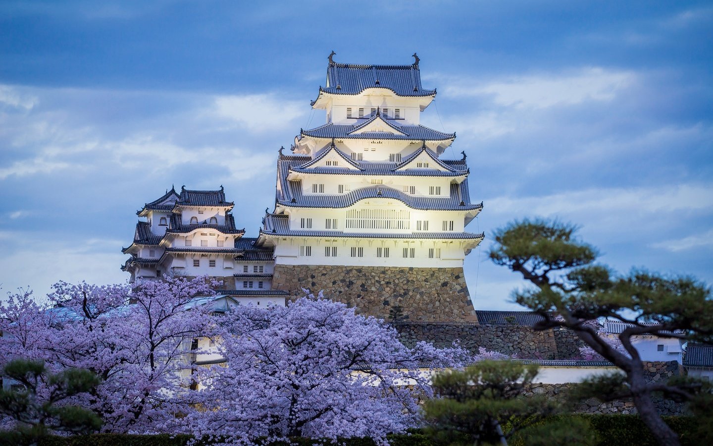 Обои вечер, замок, япония, весна, химэдзи, the evening, castle, japan, spring, himeji разрешение 2048x1365 Загрузить