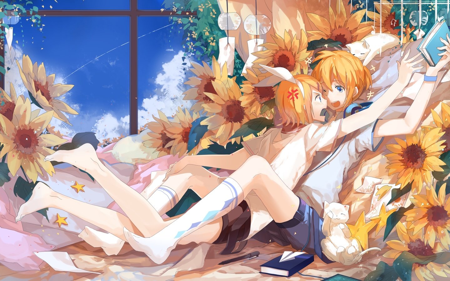 Обои вокалоид, подсолнухи, kagamine rin, блонд, kagamine len, vocaloid, sunflowers, blonde разрешение 2021x1200 Загрузить