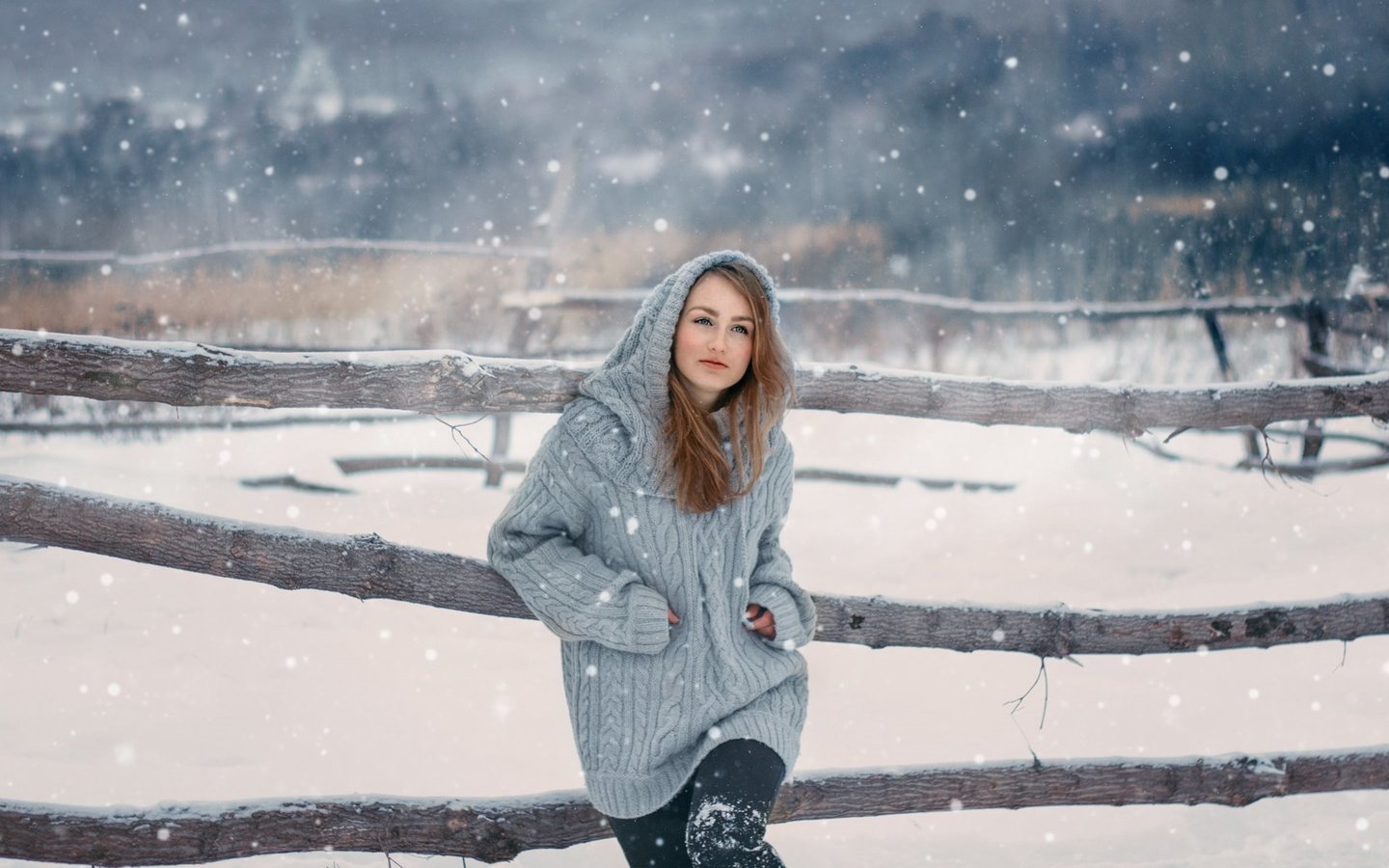 Обои снег, природа, зима, девушка, ограждение, капюшон, свитер, русая, snow, nature, winter, girl, the fence, hood, sweater, rus разрешение 2015x1145 Загрузить