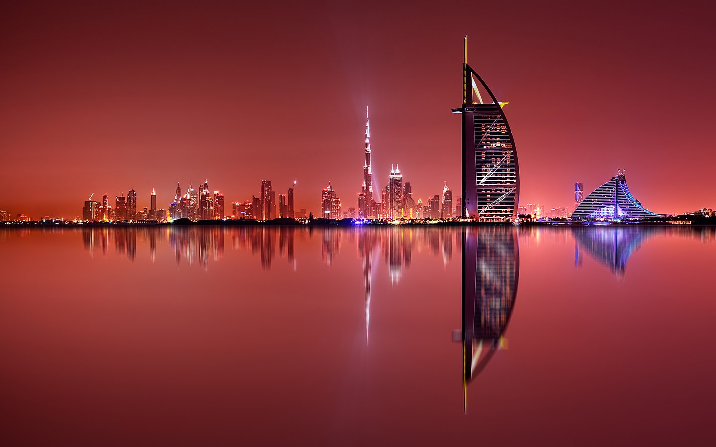 Обои ночь, огни, отражение, город, дубай, оаэ, night, lights, reflection, the city, dubai, uae разрешение 2880x1800 Загрузить