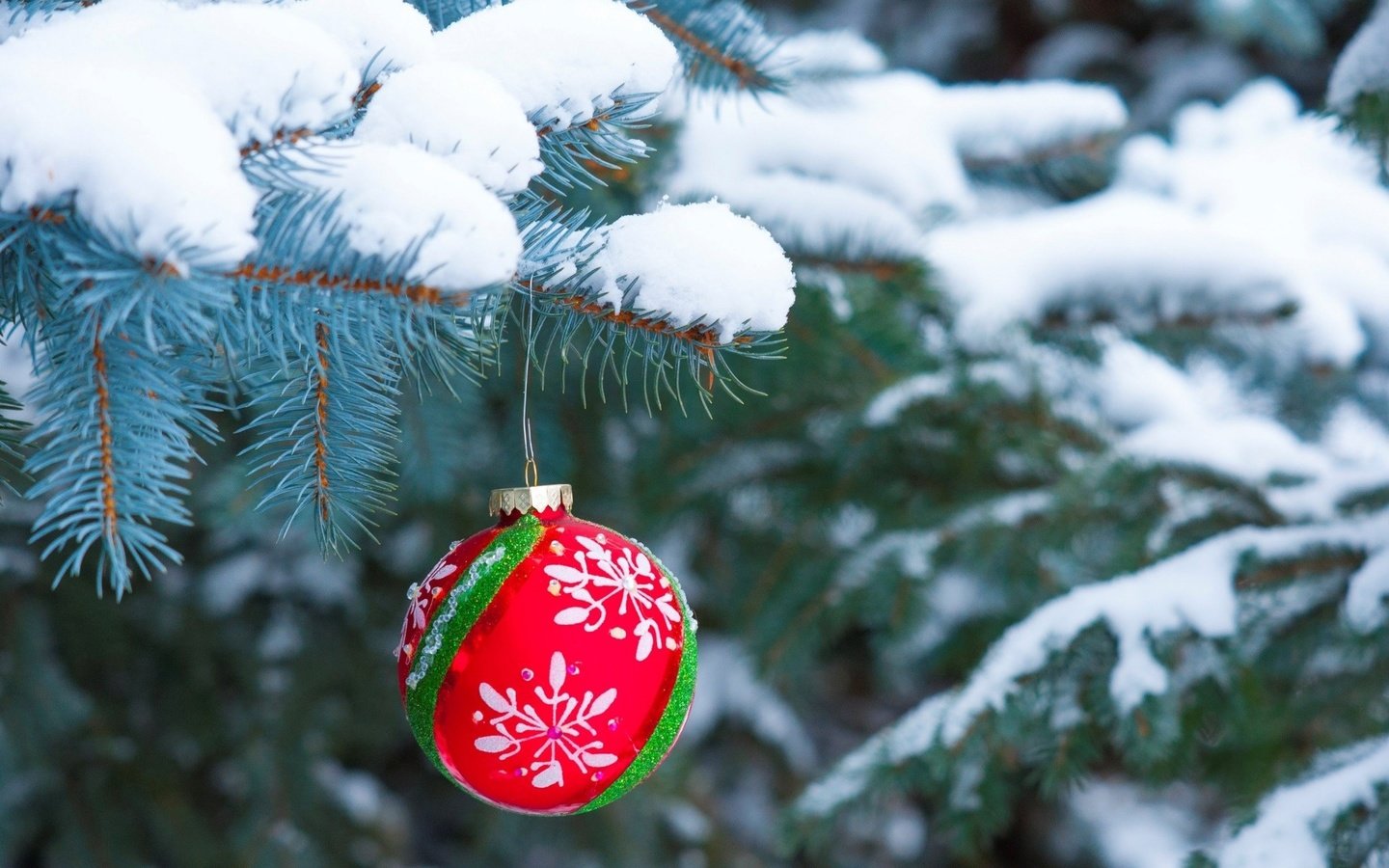 Обои снег, новый год, елка, хвоя, шар, рождество, елочная игрушка, snow, new year, tree, needles, ball, christmas, christmas toy разрешение 1920x1200 Загрузить