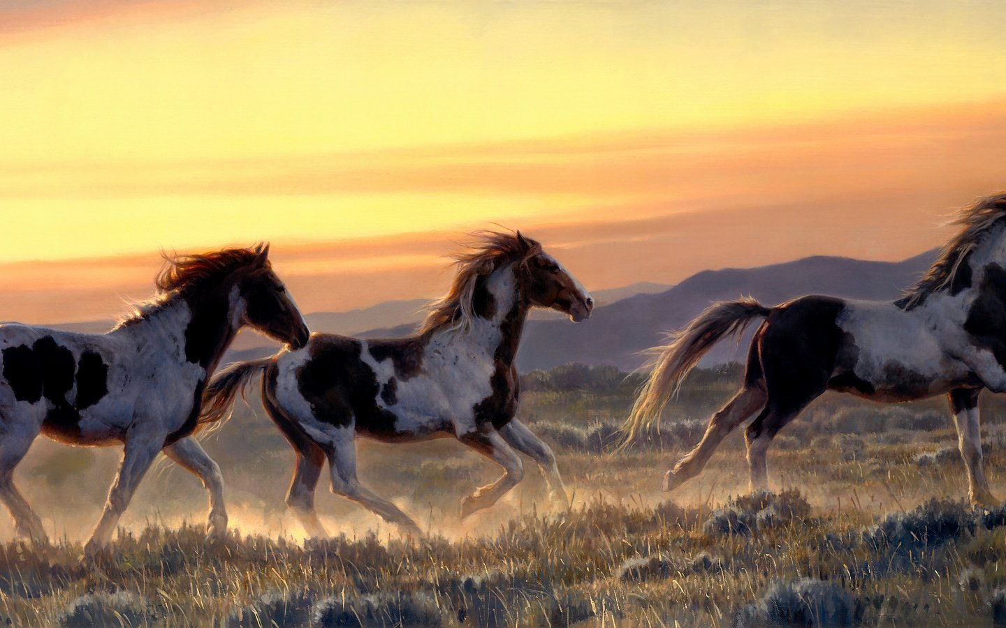 Обои nancy glazier, небо, арт, горы, поле, рассвет, лошади, кони, бег, the sky, art, mountains, field, dawn, horse, horses, running разрешение 4724x2224 Загрузить