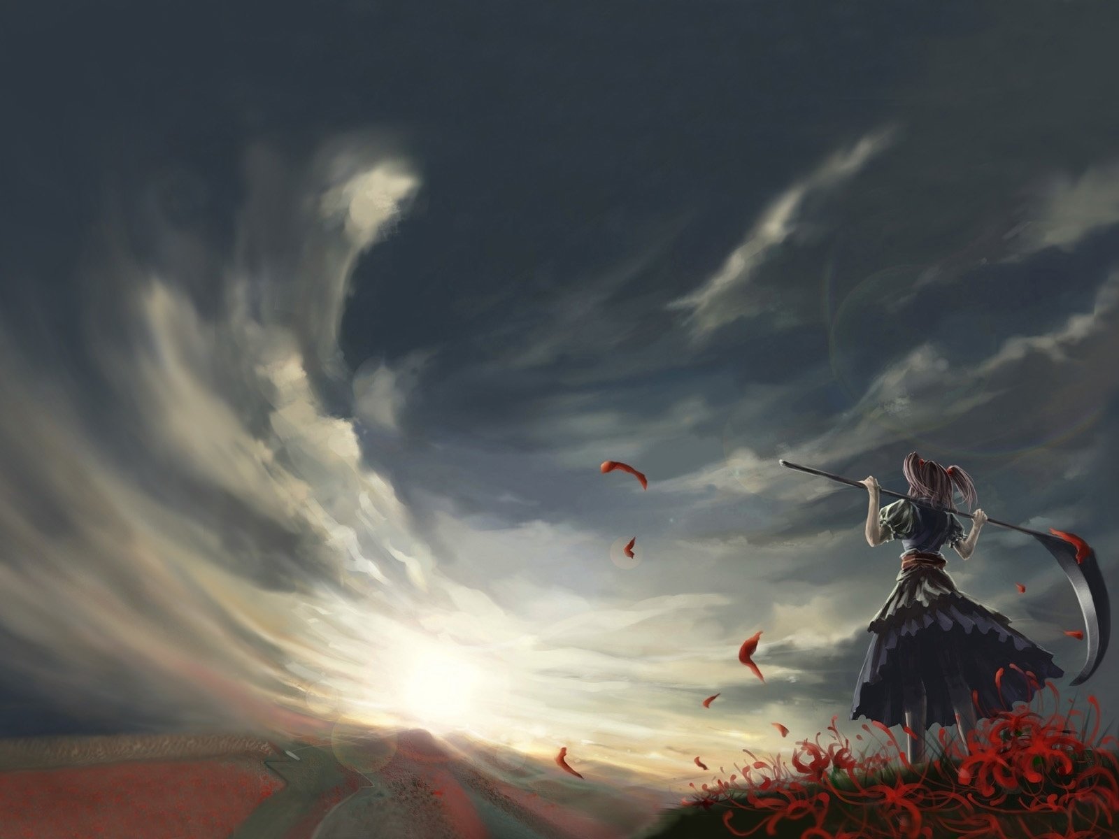 Обои небо, облака, девушка, поле, ветер, onozuka komachi, коса, the sky, clouds, girl, field, the wind, braid разрешение 1920x1200 Загрузить