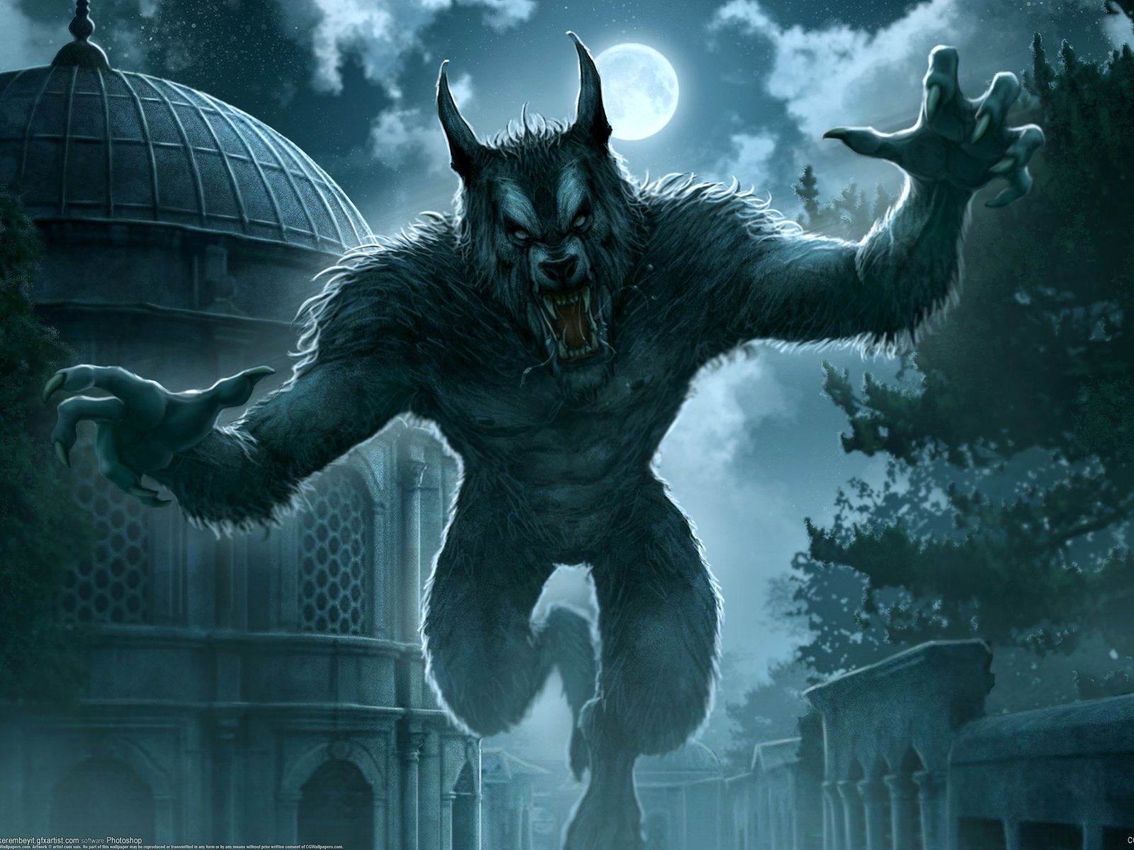 Обои ночь, фентези, город, kerem beyit, оборотень, полнолуние, - kos ule, night, fantasy, the city, werewolf, the full moon, kos ule разрешение 2560x1600 Загрузить