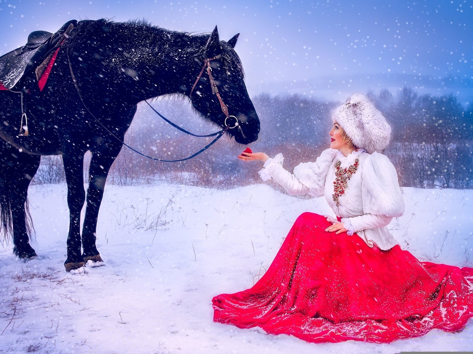 Обои лошадь, снег, девушка, платье, шапка, яблоко, horse, snow, girl, dress, hat, apple разрешение 1920x1208 Загрузить