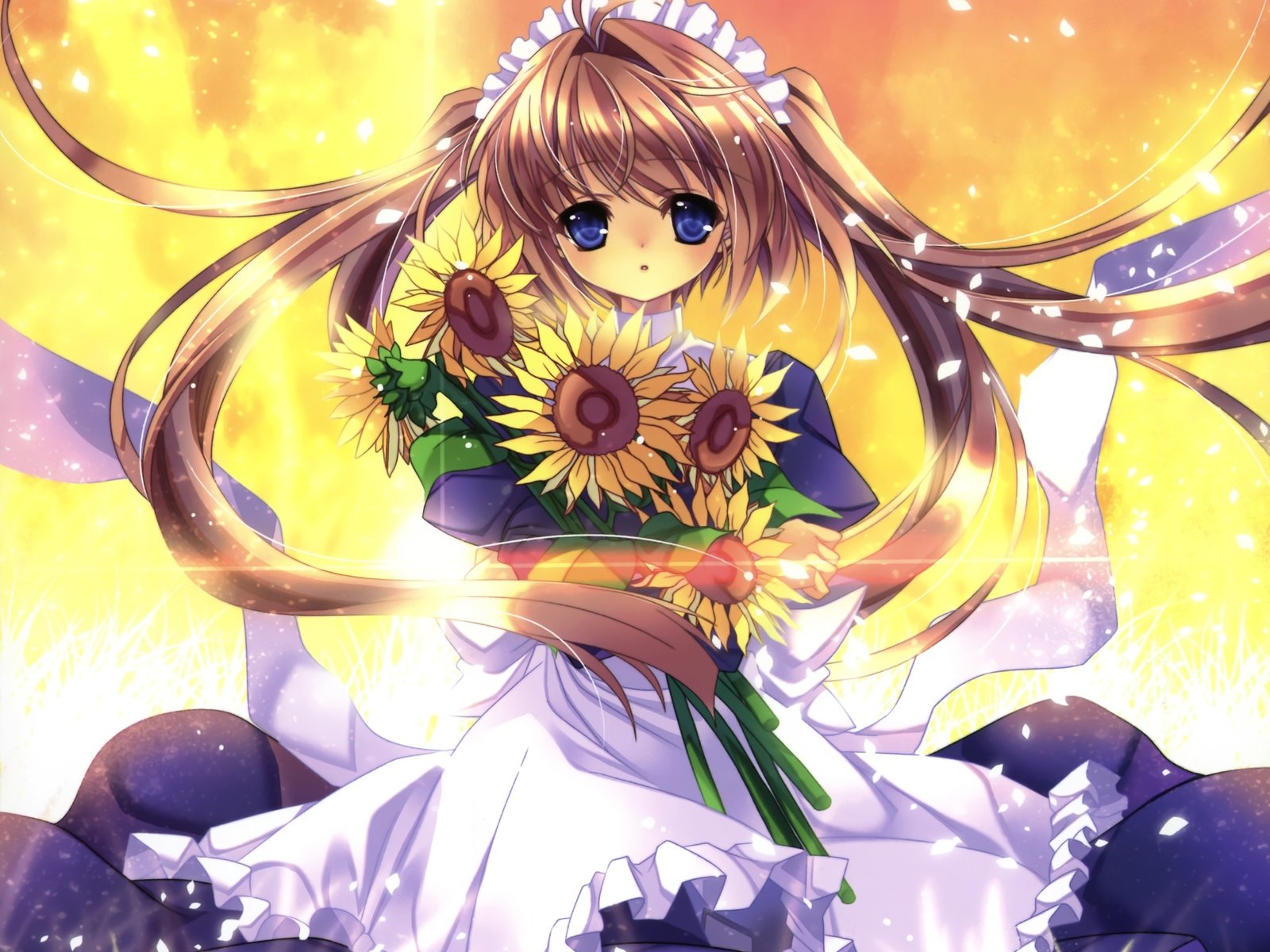 Обои аниме, девочка, подсолнухи, белое платье, anime, girl, sunflowers, white dress разрешение 2104x1672 Загрузить