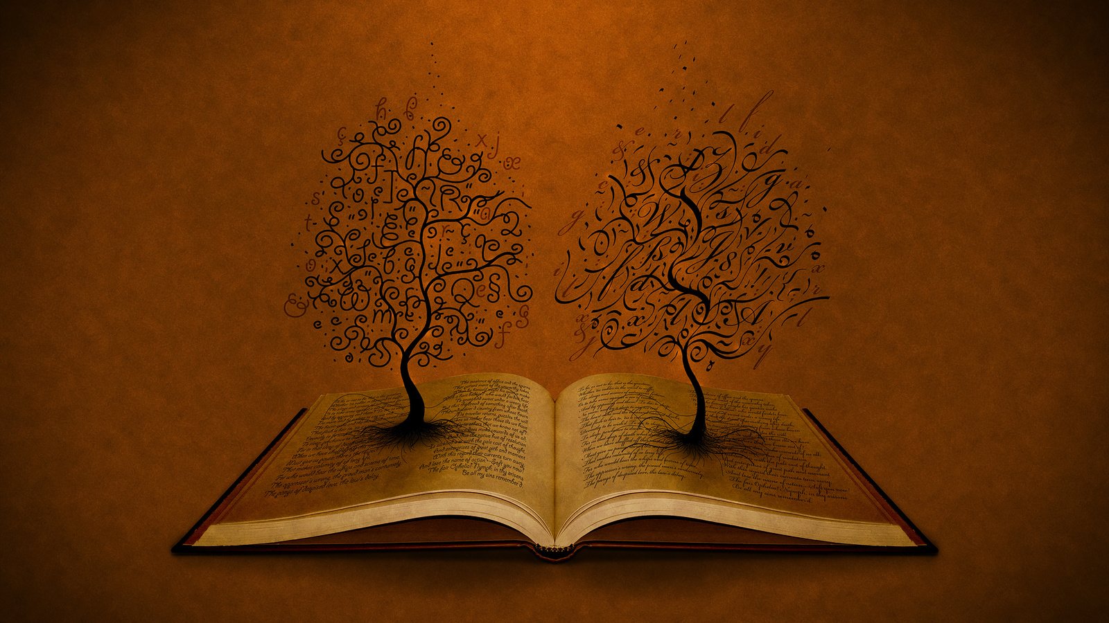 Обои деревья, буквы, книга, trees, letters, book разрешение 2560x1600 Загрузить