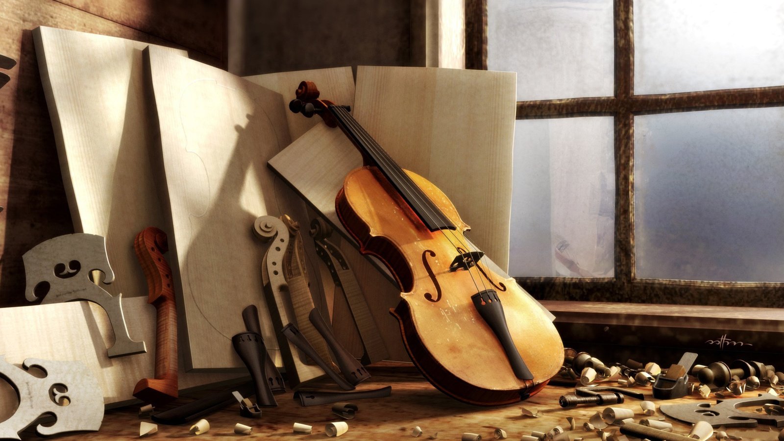 Обои скрипка, мастерская, окно, древесина, опилки, violin, workshop, window, wood, sawdust разрешение 2048x1152 Загрузить