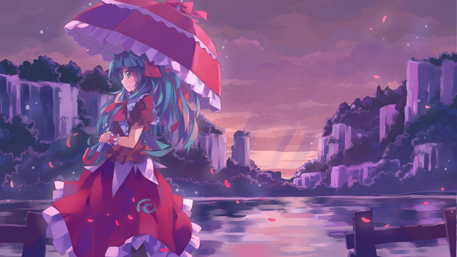 Обои девушка, платье, улыбка, зонт, kagiyama hina, вода., тохо, girl, dress, smile, umbrella, water., touhou разрешение 1920x1080 Загрузить