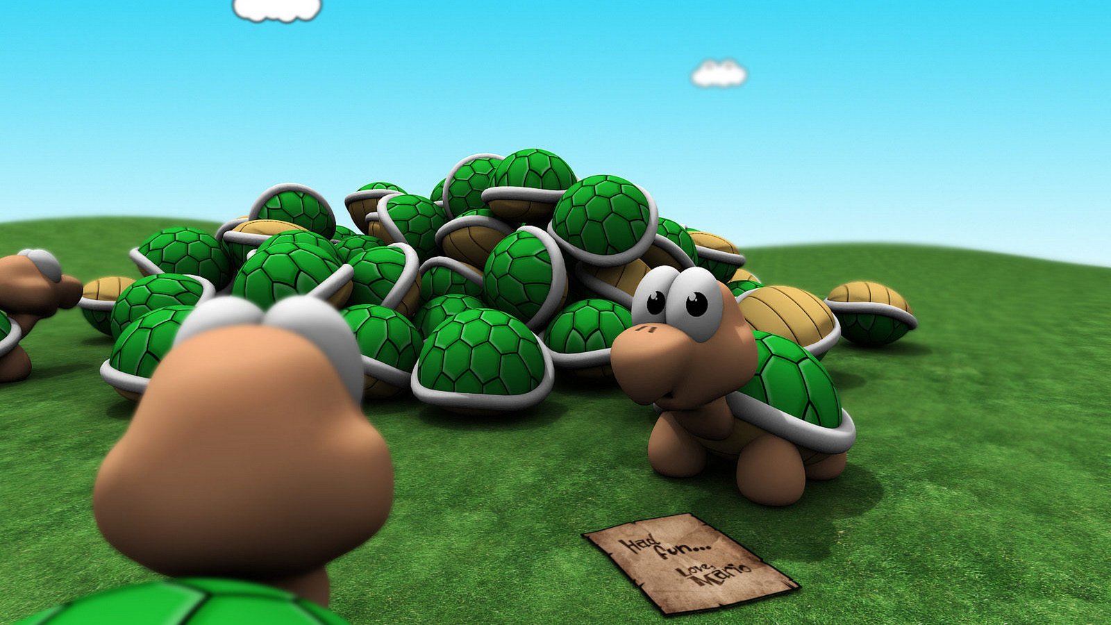 Обои детство, черепахи, тучки, марио, зеленый цвет, 3д, денди, childhood, turtles, clouds, mario, green, 3d, dandy разрешение 1920x1200 Загрузить