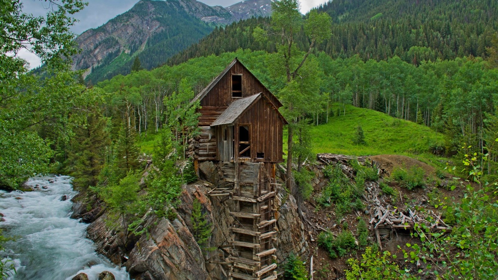 Обои деревья, река, горы, поток, мельница, ellen heaverlo, кристал-милл, trees, river, mountains, stream, mill, crystal mill разрешение 2560x1707 Загрузить