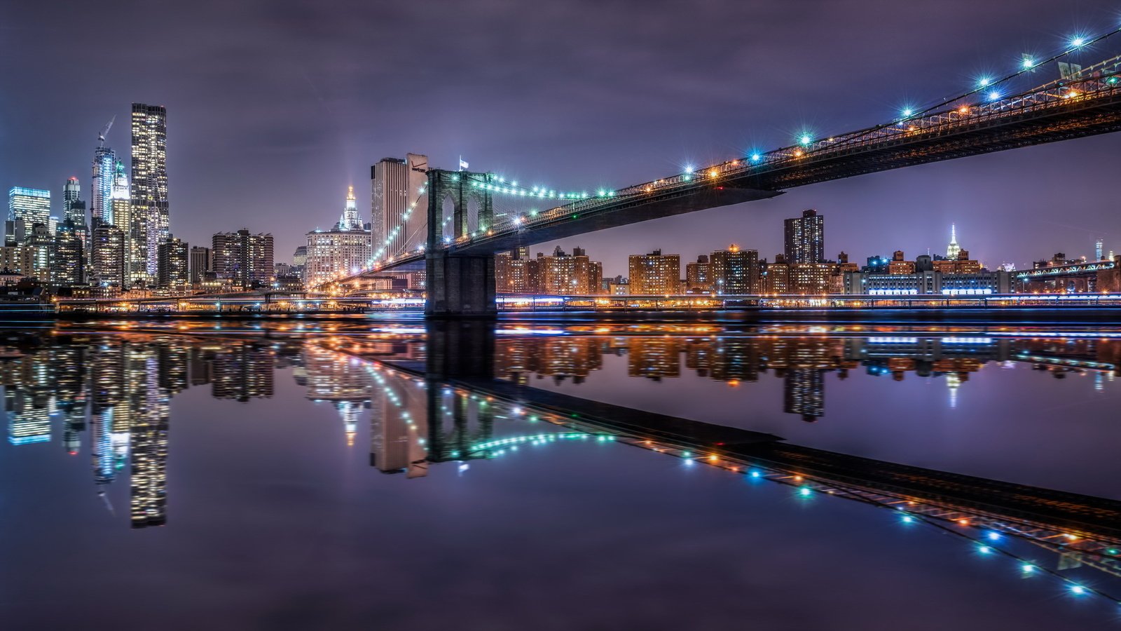 Обои ночь, город, сша, нью-йорк, бруклинский мост, night, the city, usa, new york, brooklyn bridge разрешение 2048x1152 Загрузить