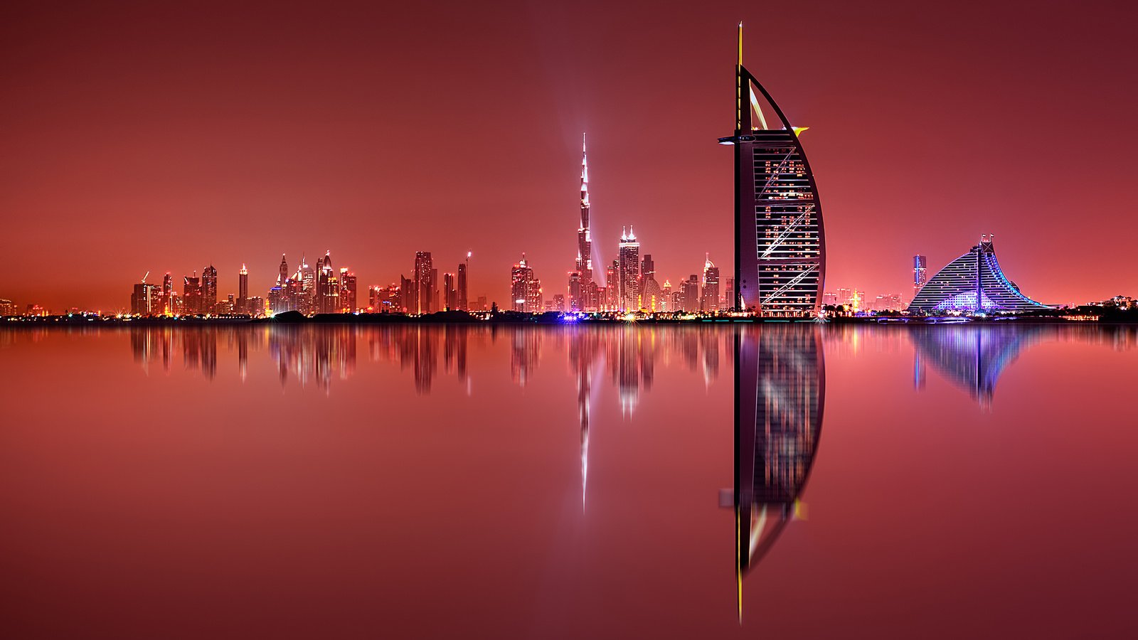 Обои ночь, огни, отражение, город, дубай, оаэ, night, lights, reflection, the city, dubai, uae разрешение 2880x1800 Загрузить