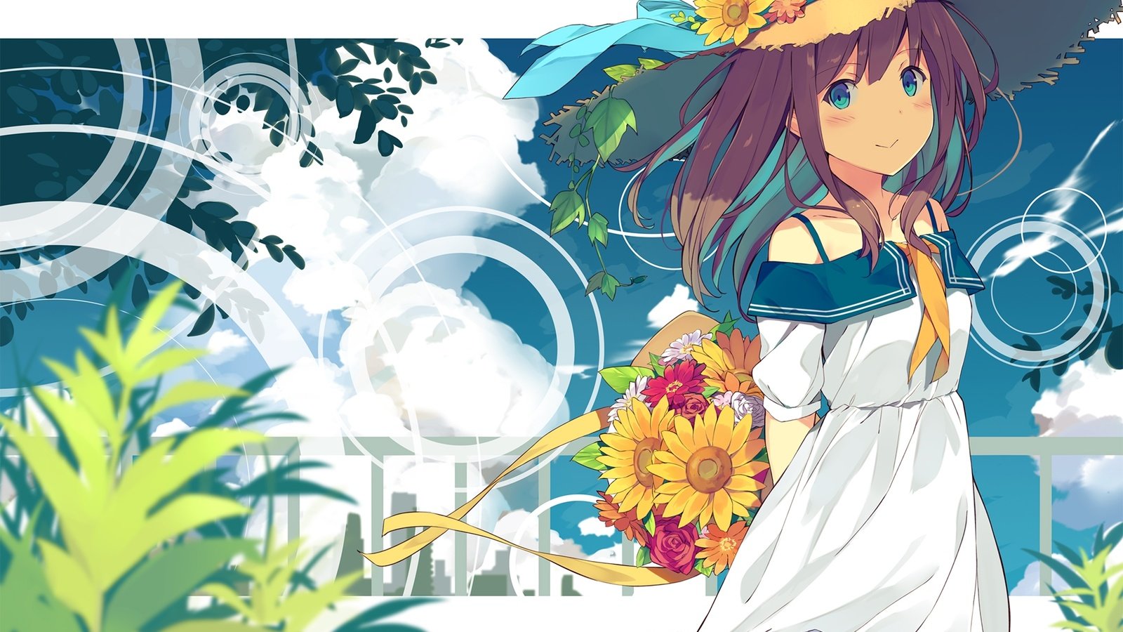 Обои облака,  цветы, summer dress, аниме девочка, соломенная шляпа, clouds, flowers, anime girl, straw hat разрешение 2000x1422 Загрузить