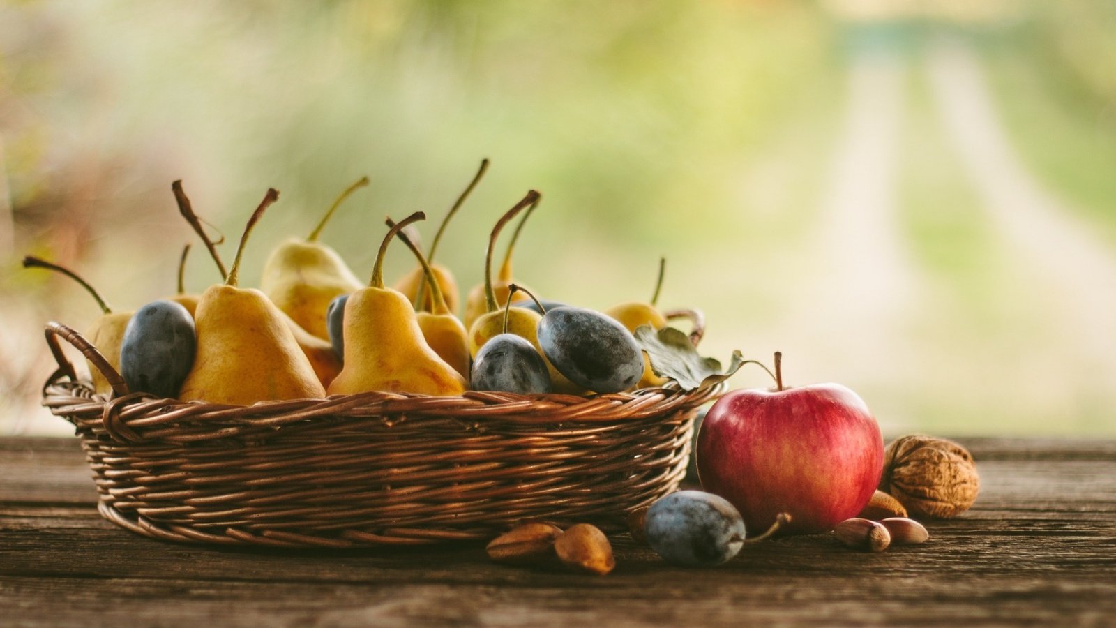 Обои орехи, фрукты, яблоки, груши, сливы, осенний урожай, nuts, fruit, apples, pear, plum, autumn harvest разрешение 1920x1200 Загрузить