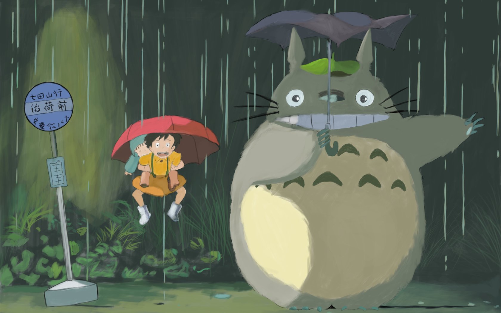 Обои дождь, тоторо, хаяо миядзаки, зонт, rain, totoro, hayao miyazaki, umbrella разрешение 3508x2480 Загрузить