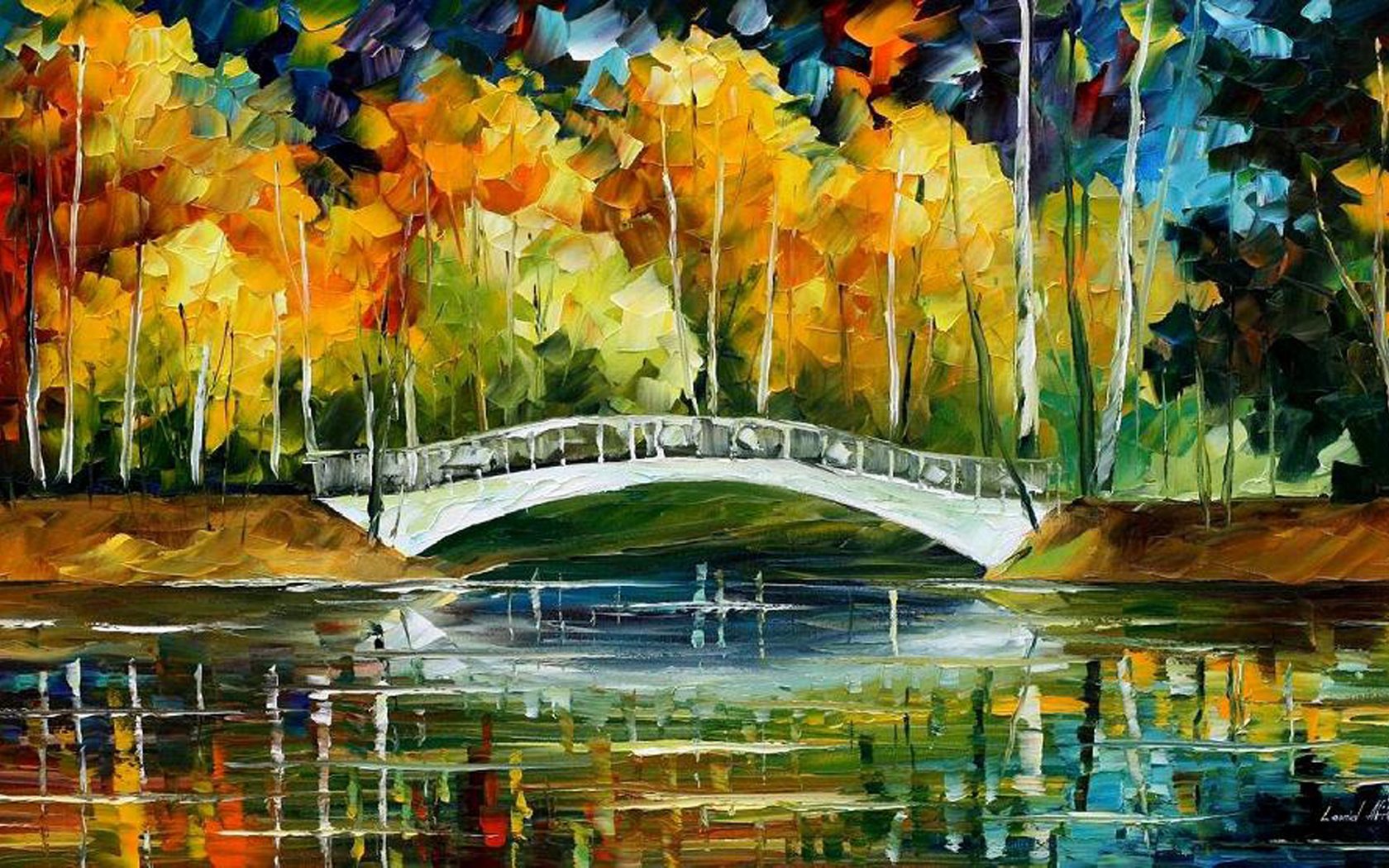 Обои мост, осень, white bride new oil, картина маслом, bridge, autumn, oil painting разрешение 2200x1200 Загрузить