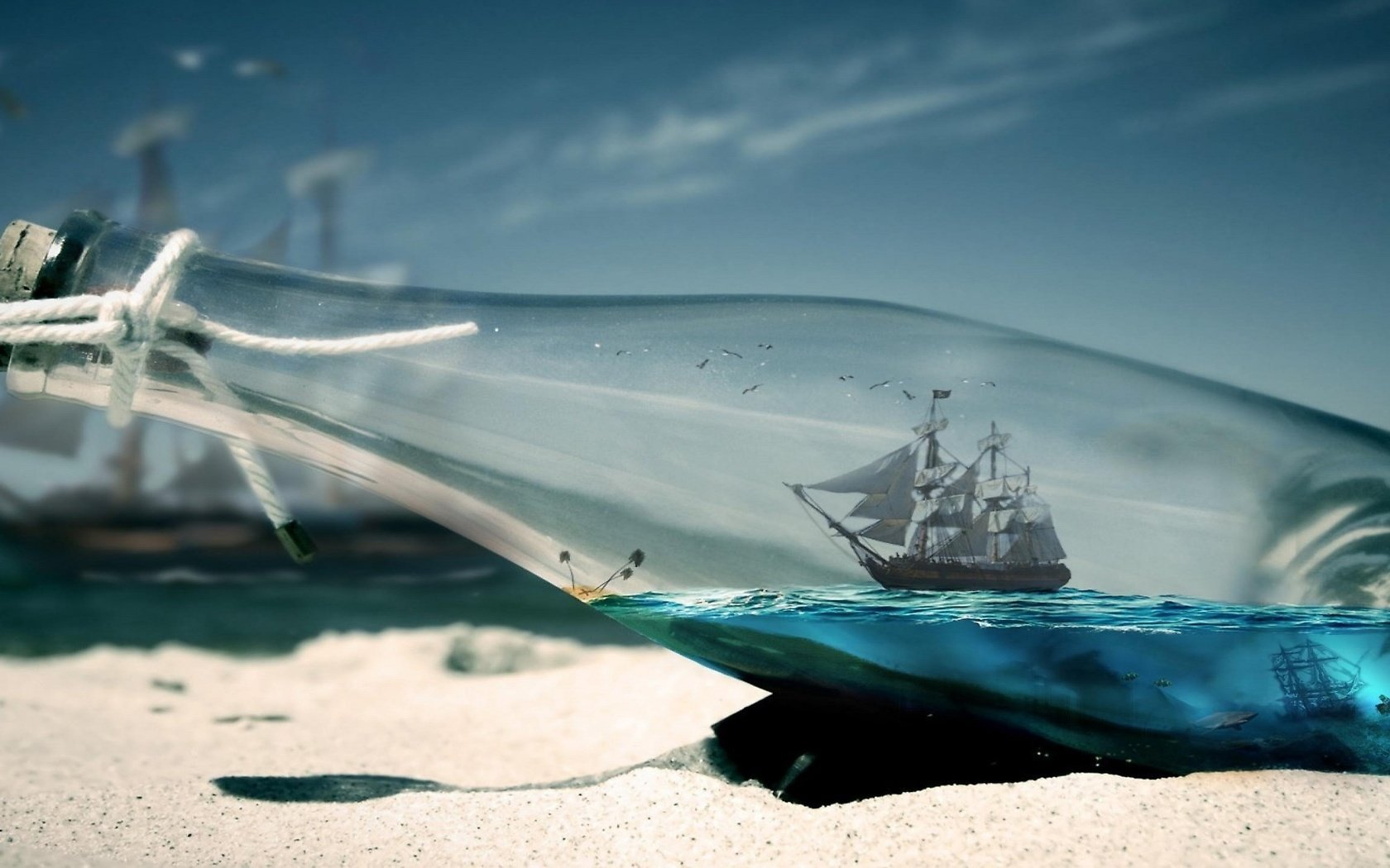 Обои парусник в бутылке, sailboat in the bottle разрешение 2560x1440 Загрузить