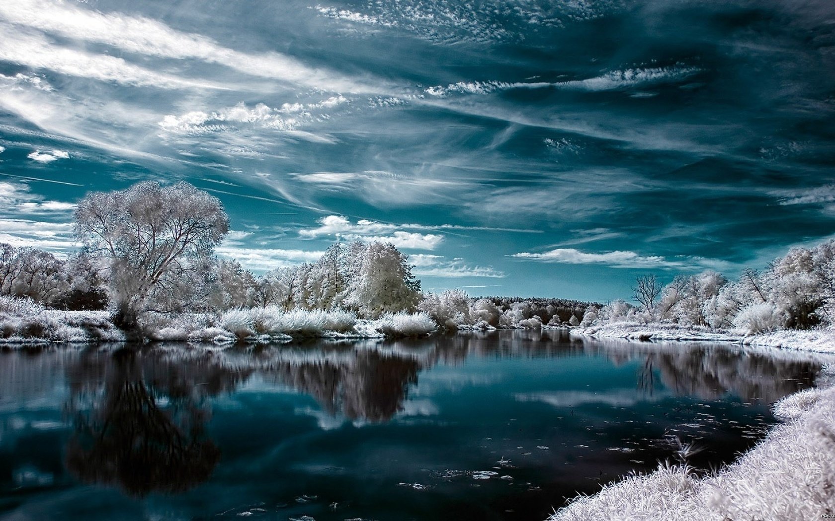 Обои вода, облачное небо, деревья и трава в инее, скоро зима, water, cloudy sky, the grass and the trees in frost, winter is coming разрешение 1920x1080 Загрузить