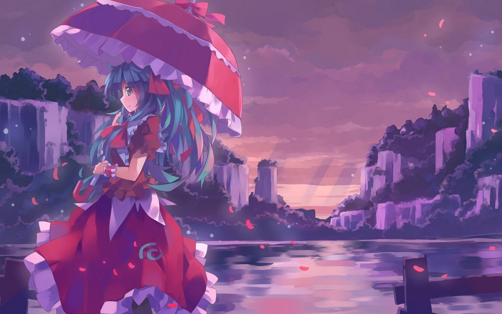 Обои девушка, платье, улыбка, зонт, kagiyama hina, вода., тохо, girl, dress, smile, umbrella, water., touhou разрешение 1920x1080 Загрузить