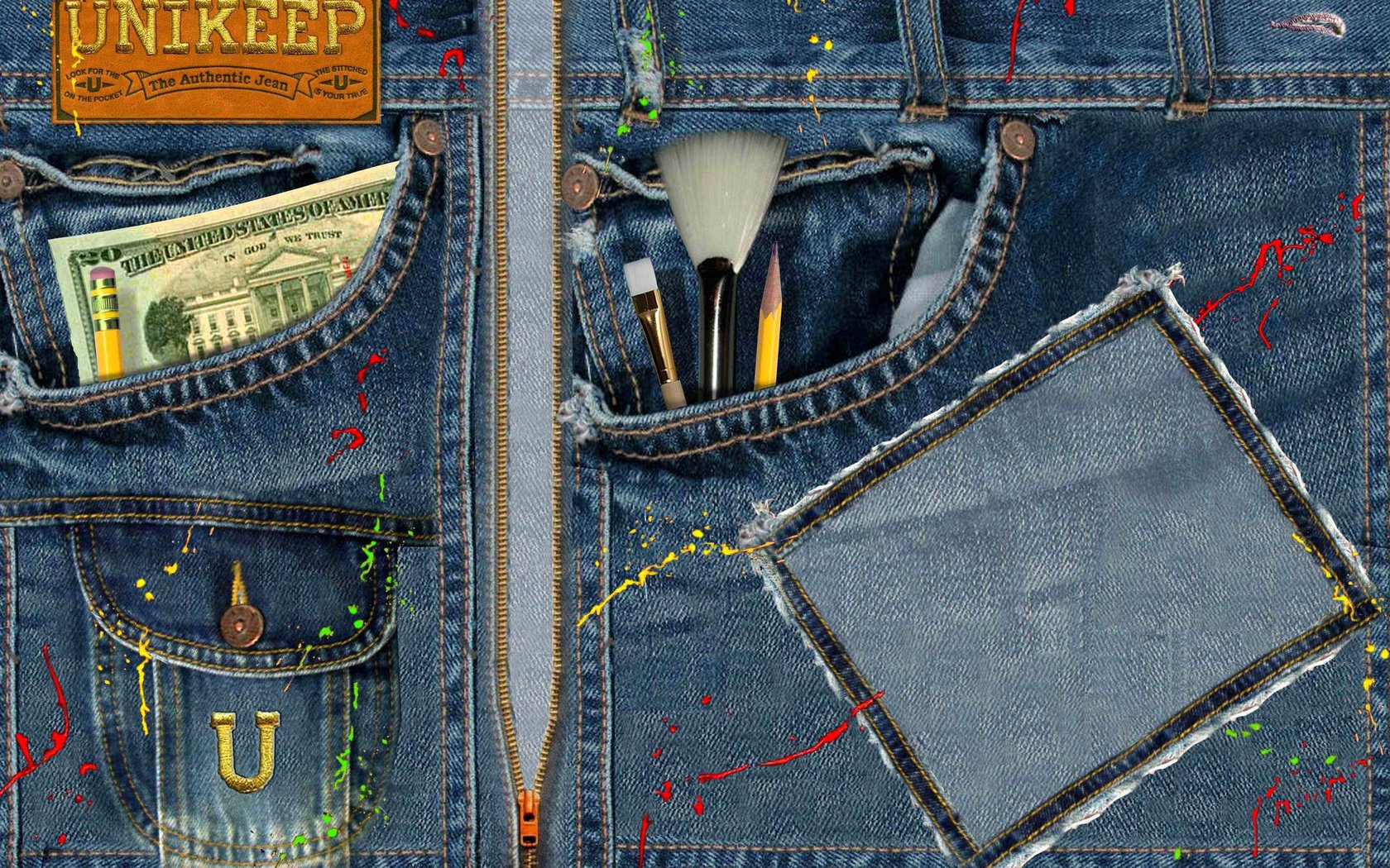 Обои текстуры, джинсы, доллар, карандаш, кисточка, texture, jeans, dollar, pencil, brush разрешение 2560x1600 Загрузить