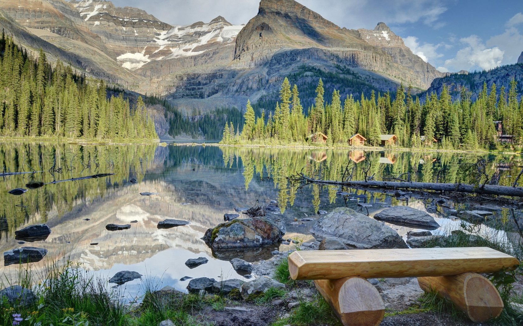 Обои lake ohara, озеро, йохо национальный парк, горы, камни, лес, дома, скамейка, ели, канада, lake, yoho national park, mountains, stones, forest, home, bench, ate, canada разрешение 1920x1200 Загрузить