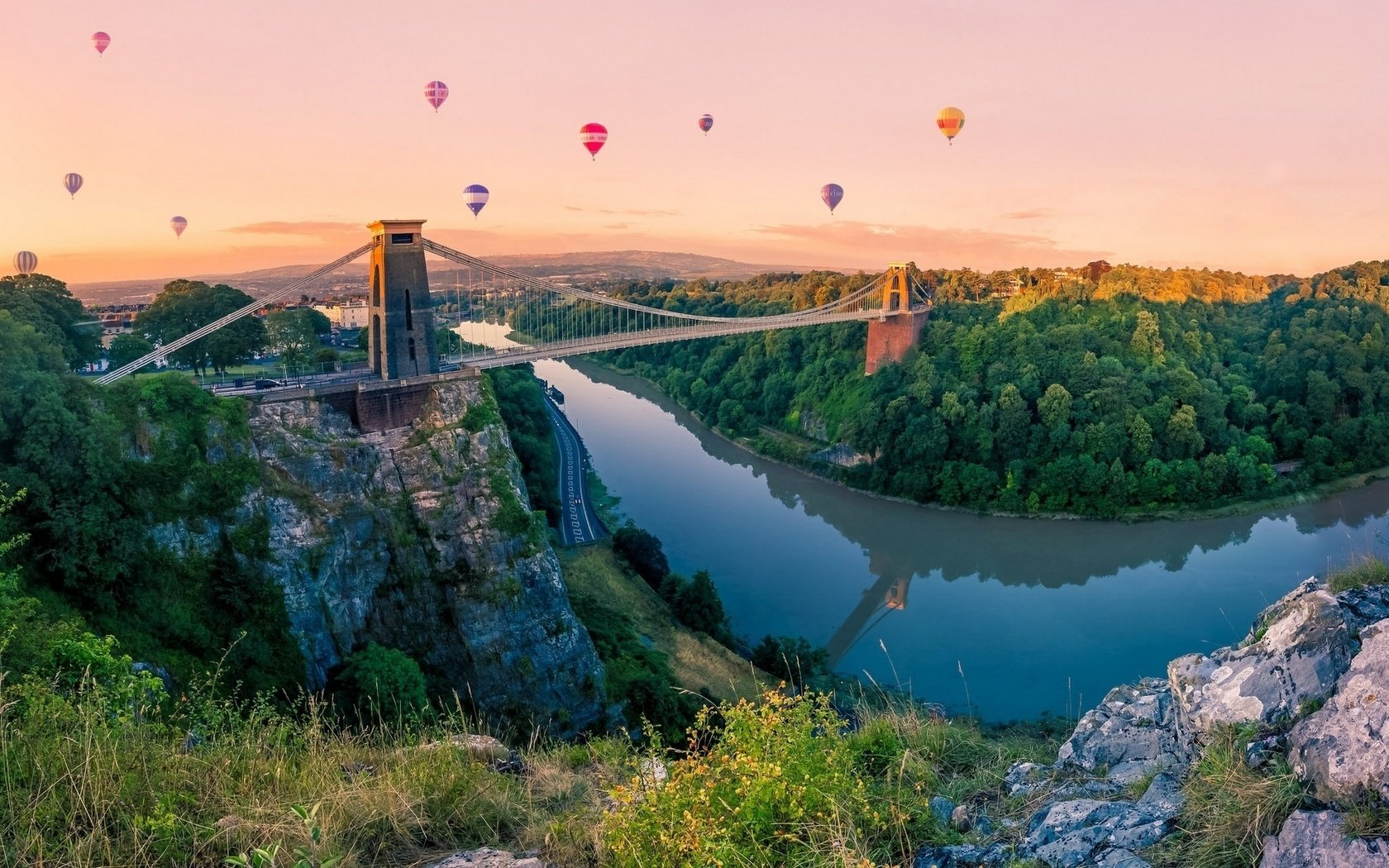 Обои небо, река, природа, шары, гора, мост, the sky, river, nature, balls, mountain, bridge разрешение 1920x1200 Загрузить