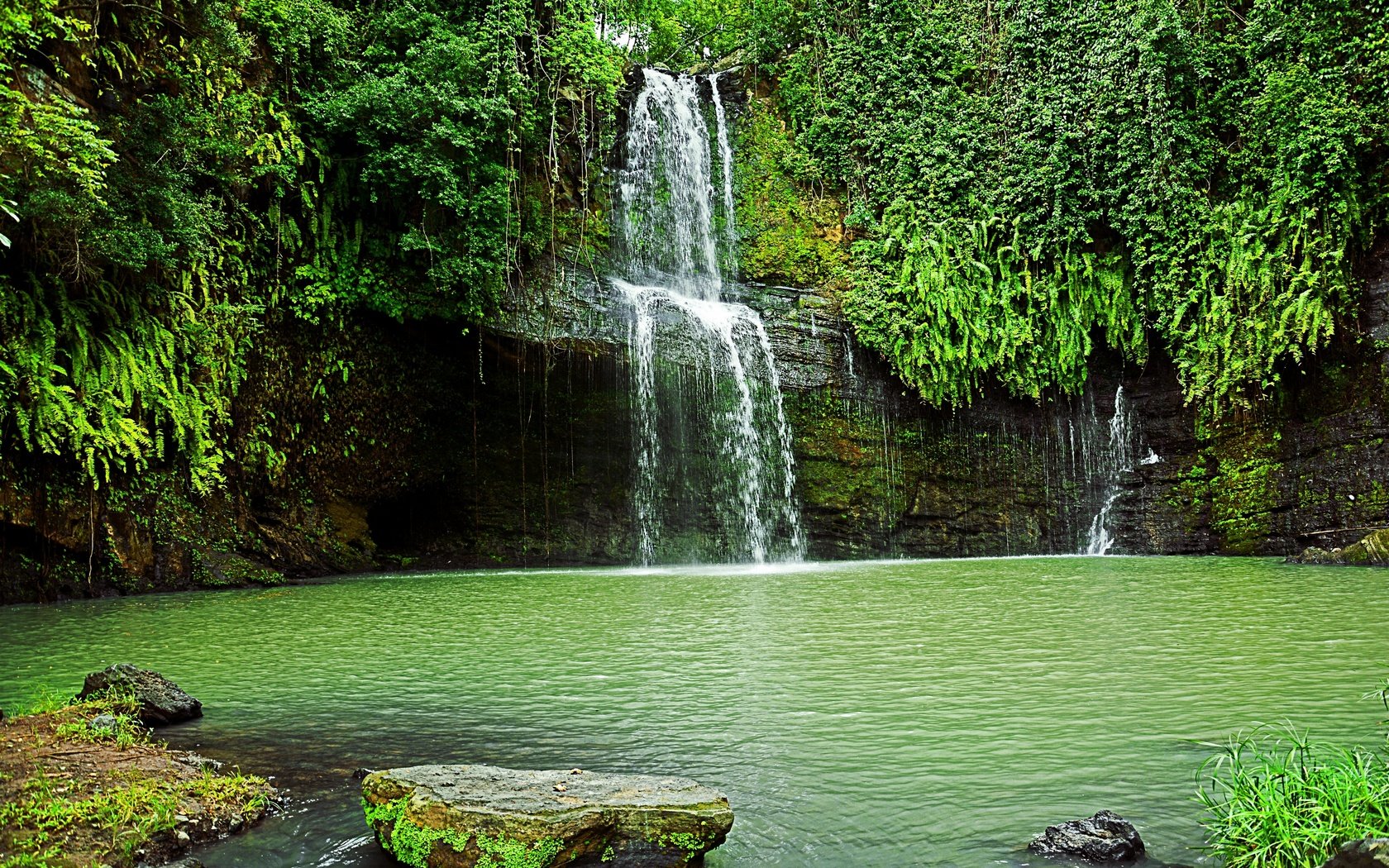 Обои деревья, скалы, пейзаж, водопад, водоем, trees, rocks, landscape, waterfall, pond разрешение 2880x1920 Загрузить