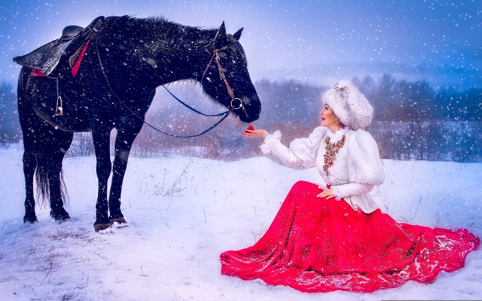 Обои лошадь, снег, девушка, платье, шапка, яблоко, horse, snow, girl, dress, hat, apple разрешение 1920x1208 Загрузить
