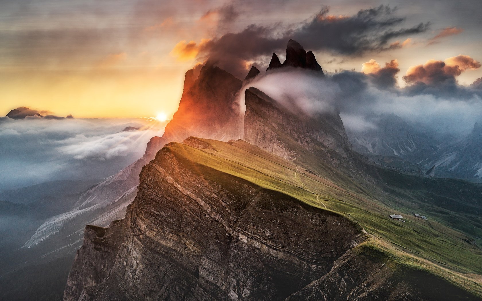 Обои облака, горы, туман, альпы, доломиты, доломитовые горы, clouds, mountains, fog, alps, the dolomites, dolomites mountains разрешение 1920x1080 Загрузить