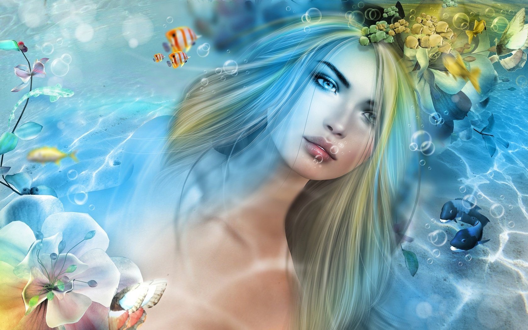 Обои вода, девушка, рыбки, русалка, water, girl, fish, mermaid разрешение 2048x1195 Загрузить