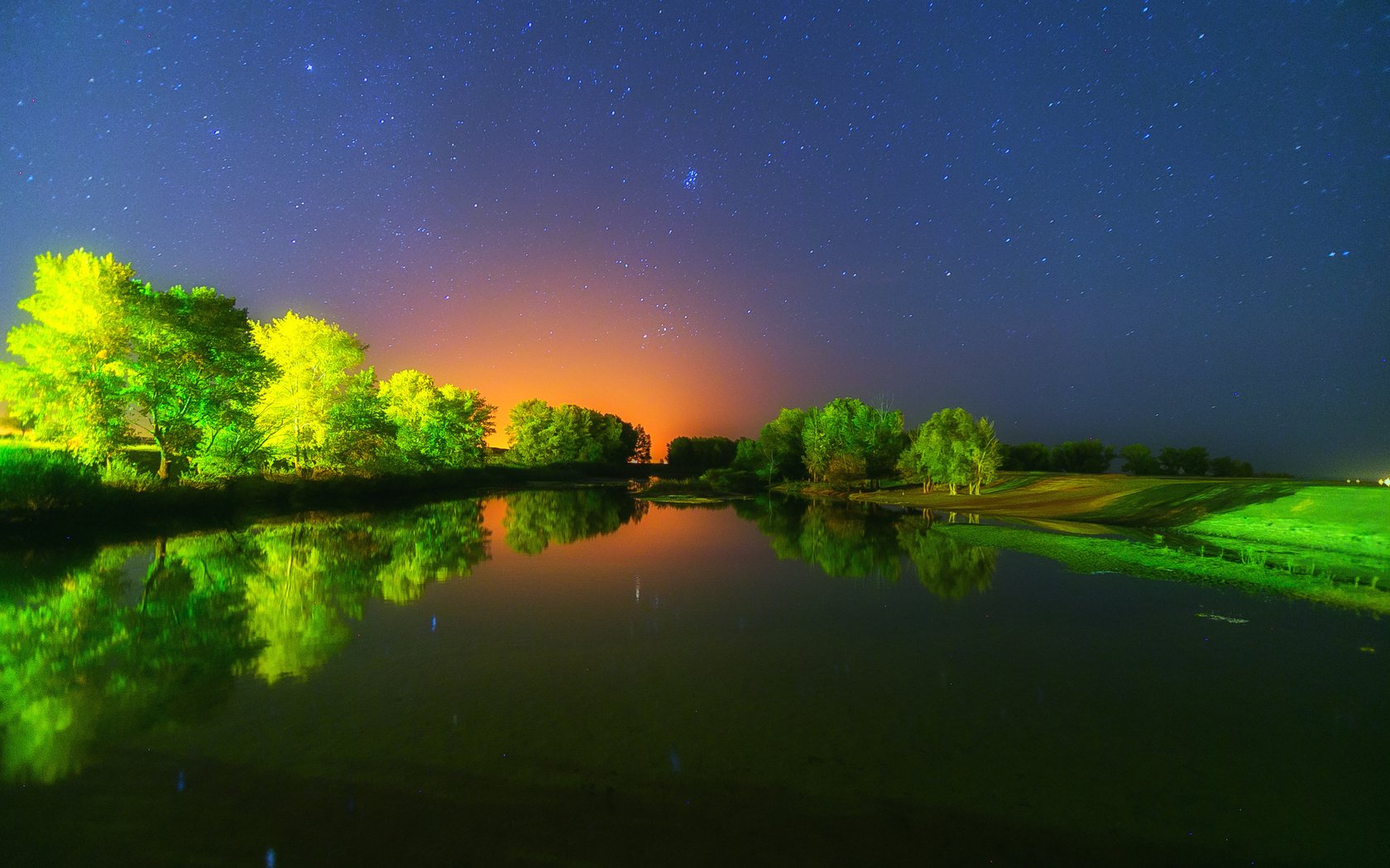 Обои деревья, река, природа, закат, отражение, звезды, тишина, trees, river, nature, sunset, reflection, stars, silence разрешение 2472x1698 Загрузить