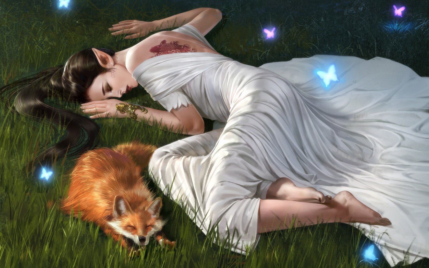 Обои девушка, фантастика, сон, лисица, бабочки, эльф, girl, fiction, sleep, fox, butterfly, elf разрешение 1920x1200 Загрузить