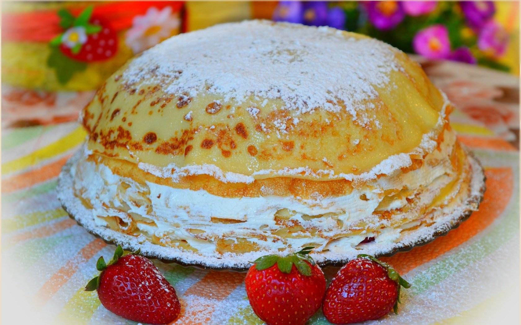 Обои клубника, ягоды, блинчики, блины, блинчии, блинный торт, strawberry, berries, pancakes, blinkie, pancake cake разрешение 3014x1891 Загрузить