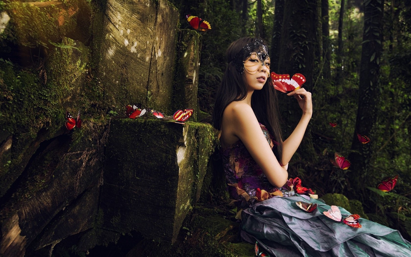 Обои лес, девушка, сидит, бабочки, азиатка, forest, girl, sitting, butterfly, asian разрешение 2048x1274 Загрузить