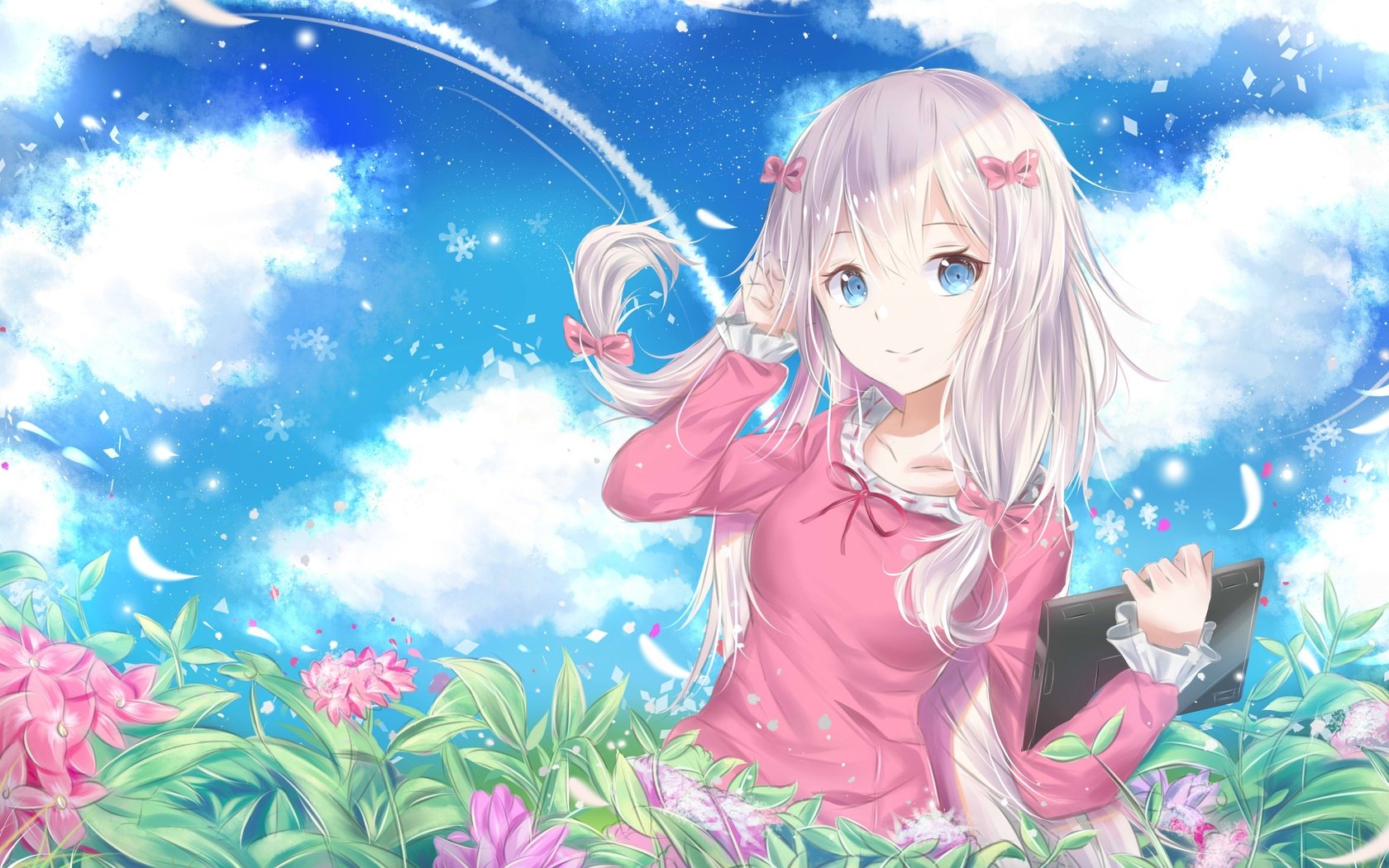 Обои цветы, девушка, фон, взгляд, аниме, сад, белые волосы, eromanga-sensei, sagiri, flowers, girl, background, look, anime, garden, white hair разрешение 4200x2700 Загрузить