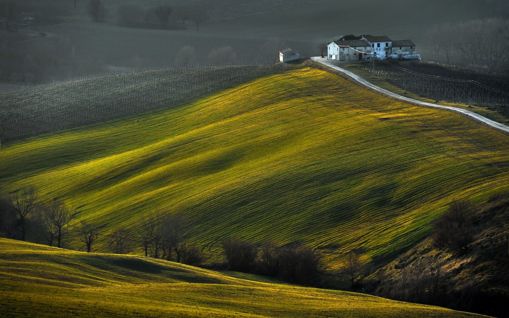 Обои дорога, деревья, холмы, поле, дом, riccardo pesaresi, road, trees, hills, field, house разрешение 2560x1702 Загрузить