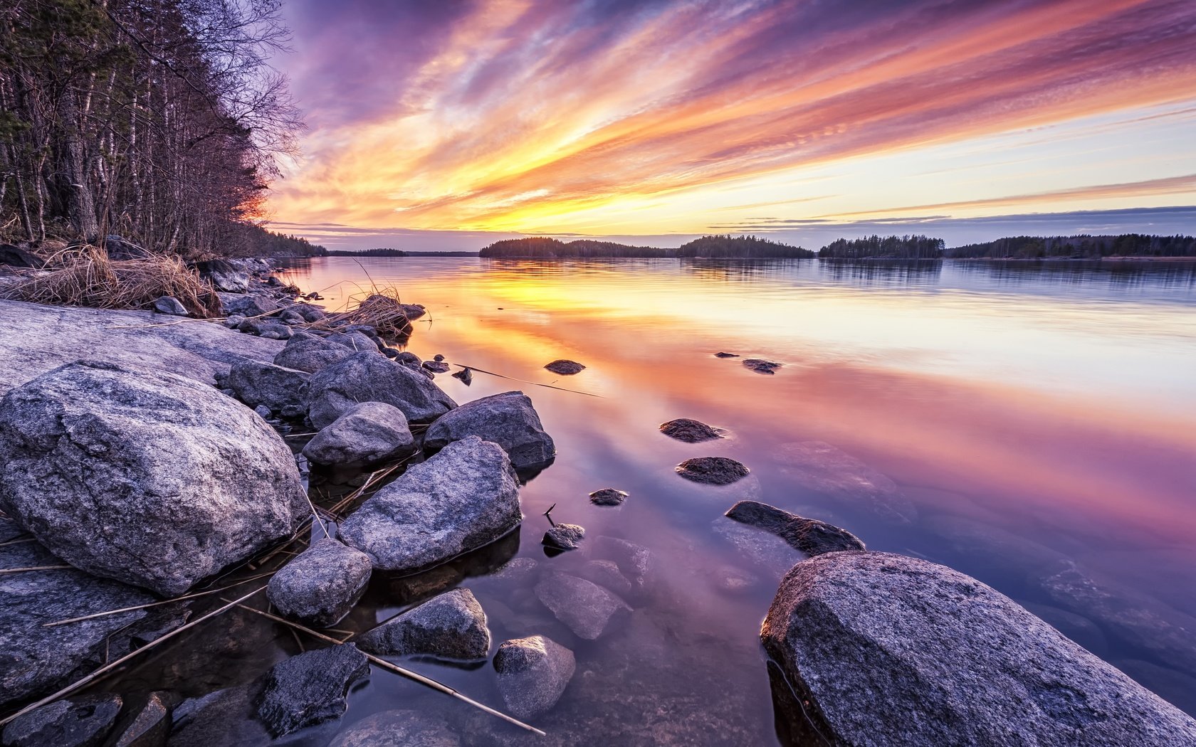 Обои озеро, камни, берег, закат, lake, stones, shore, sunset разрешение 4288x2598 Загрузить