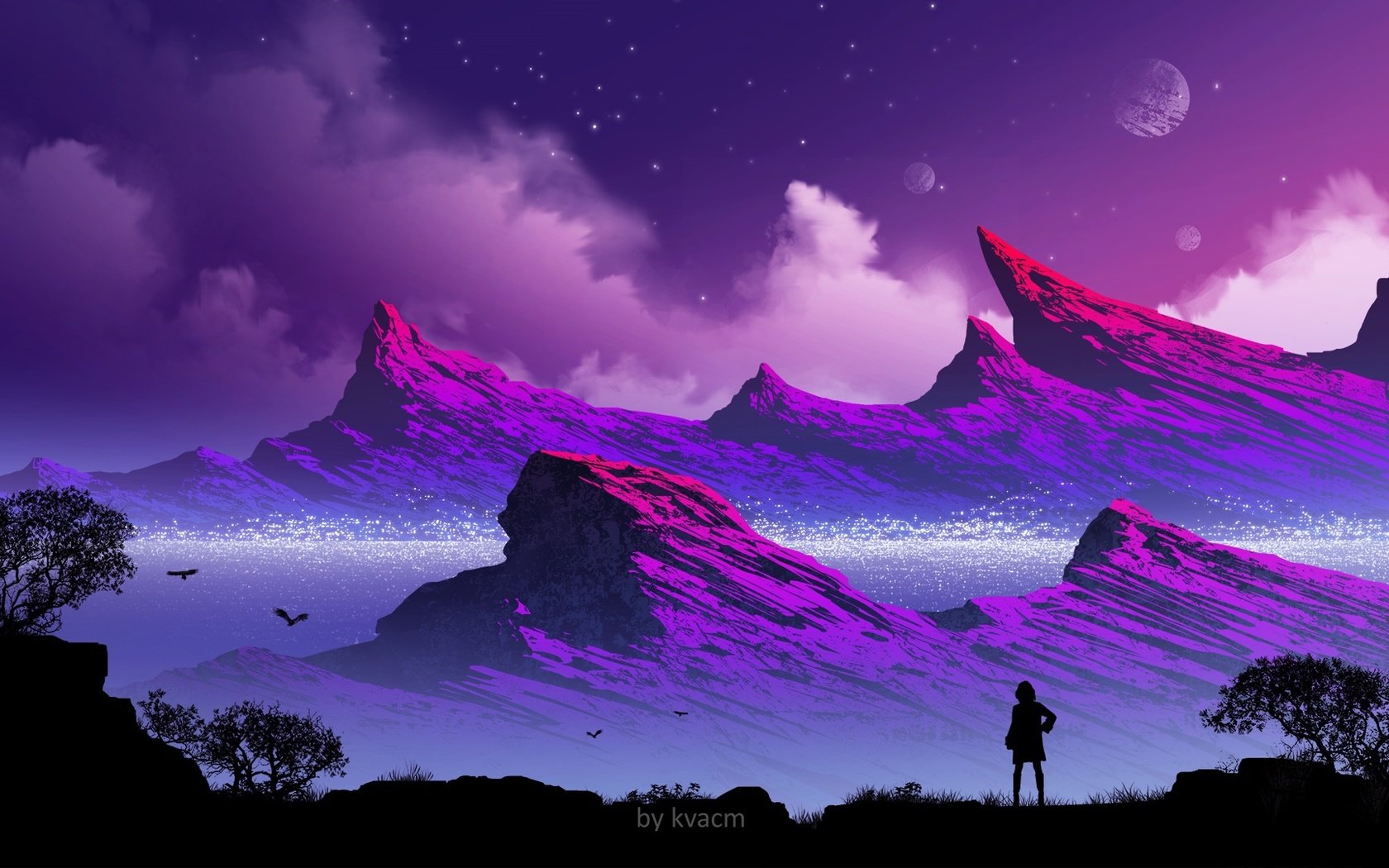 Обои горы, девушка, силуэт, mountains, girl, silhouette разрешение 1920x1080 Загрузить