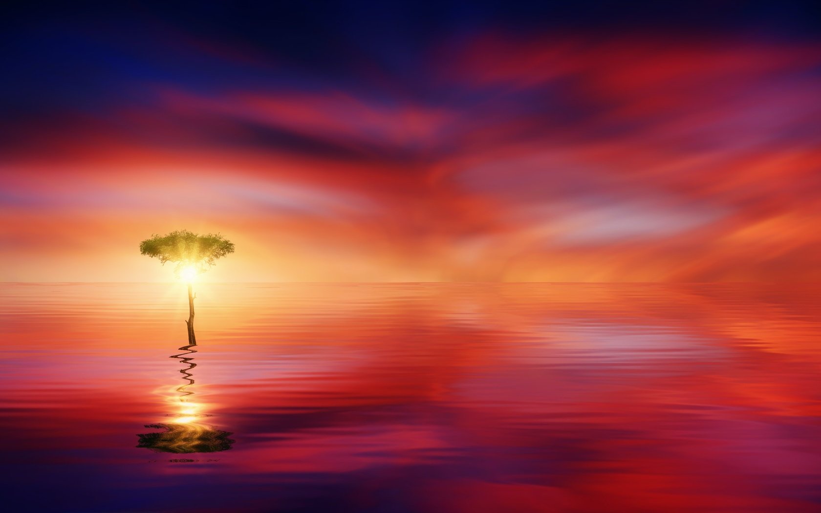 Обои дерево, отражение, море, горизонт, tree, reflection, sea, horizon разрешение 3835x1985 Загрузить