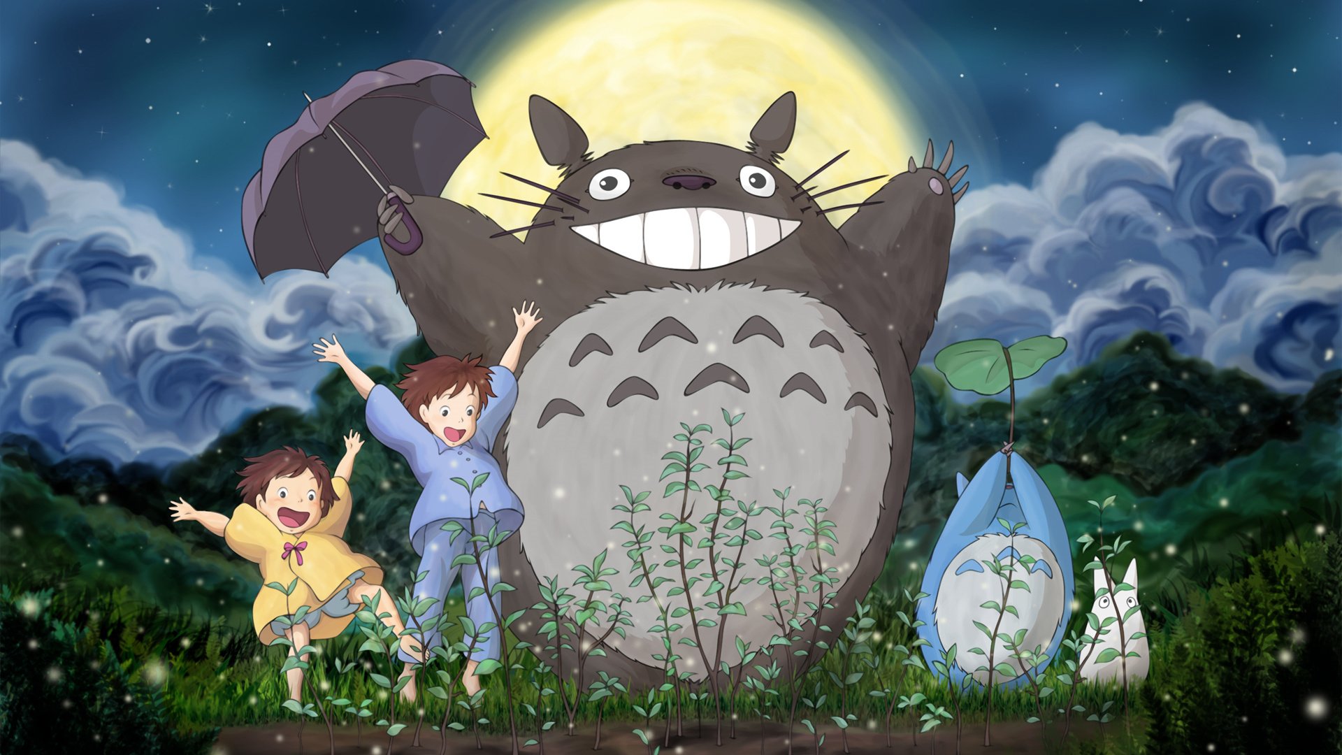 Обои небо, ghibli, мэй, трава, сацуки, облака, лес, луна, тоторо, хаяо миядзаки, мой сосед тоторо, the sky, mei, grass, satsuki, clouds, forest, the moon, totoro, hayao miyazaki, my neighbor totoro разрешение 1920x1200 Загрузить