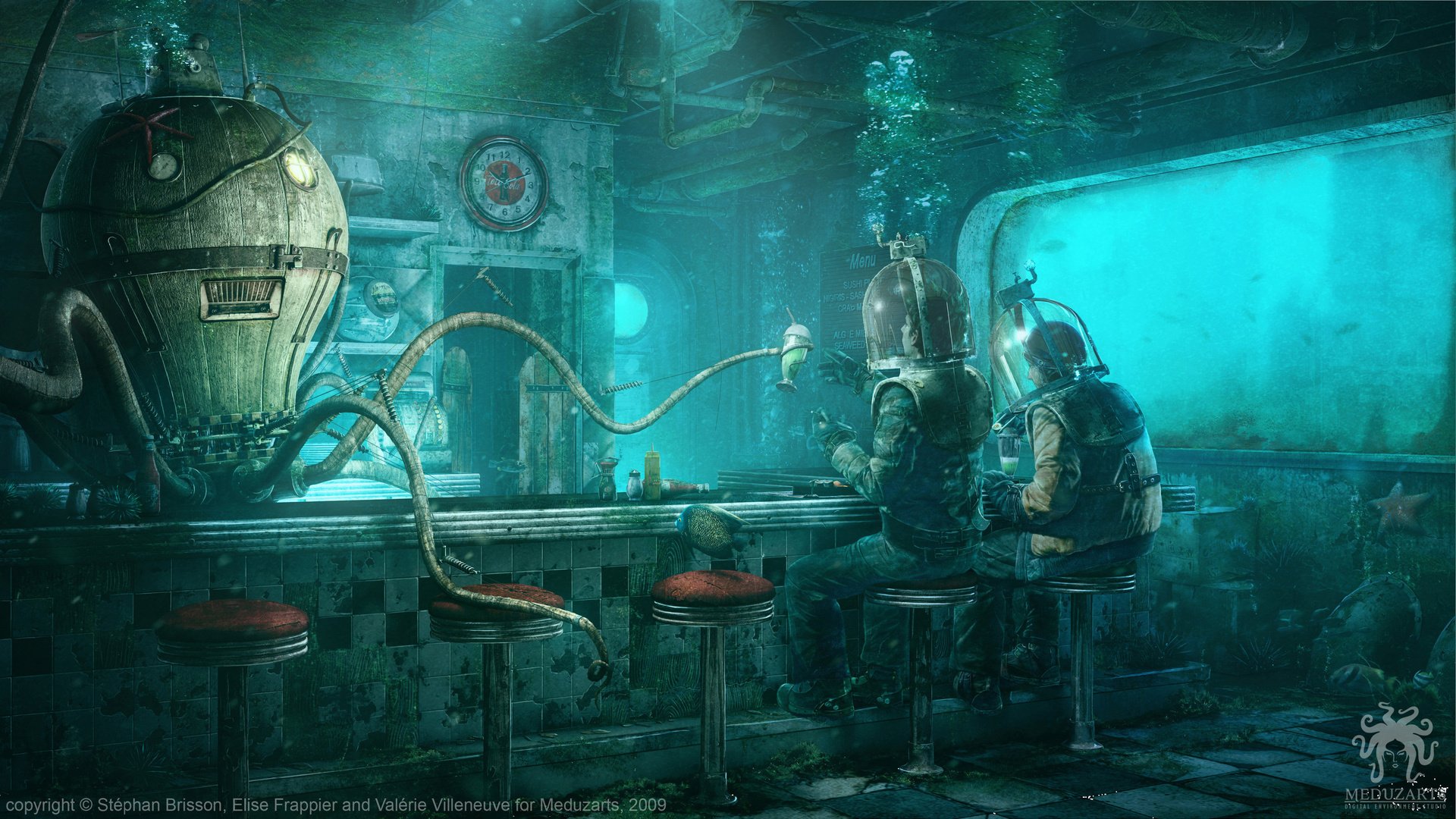 Обои осьминог, под водой, octopus diner, st__phan brisson, elise frappier, valerie villeneuve, водолазы, octopus, under water, divers разрешение 4088x2301 Загрузить