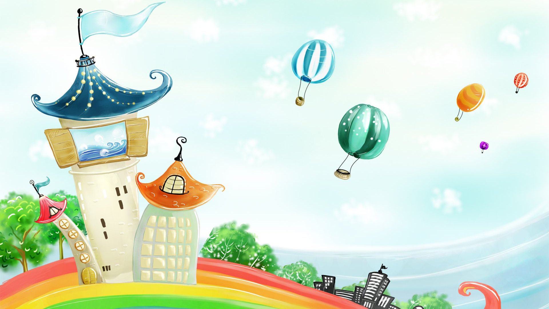 Обои домики, радуга, воздушные шары, houses, rainbow, balloons разрешение 1920x1200 Загрузить