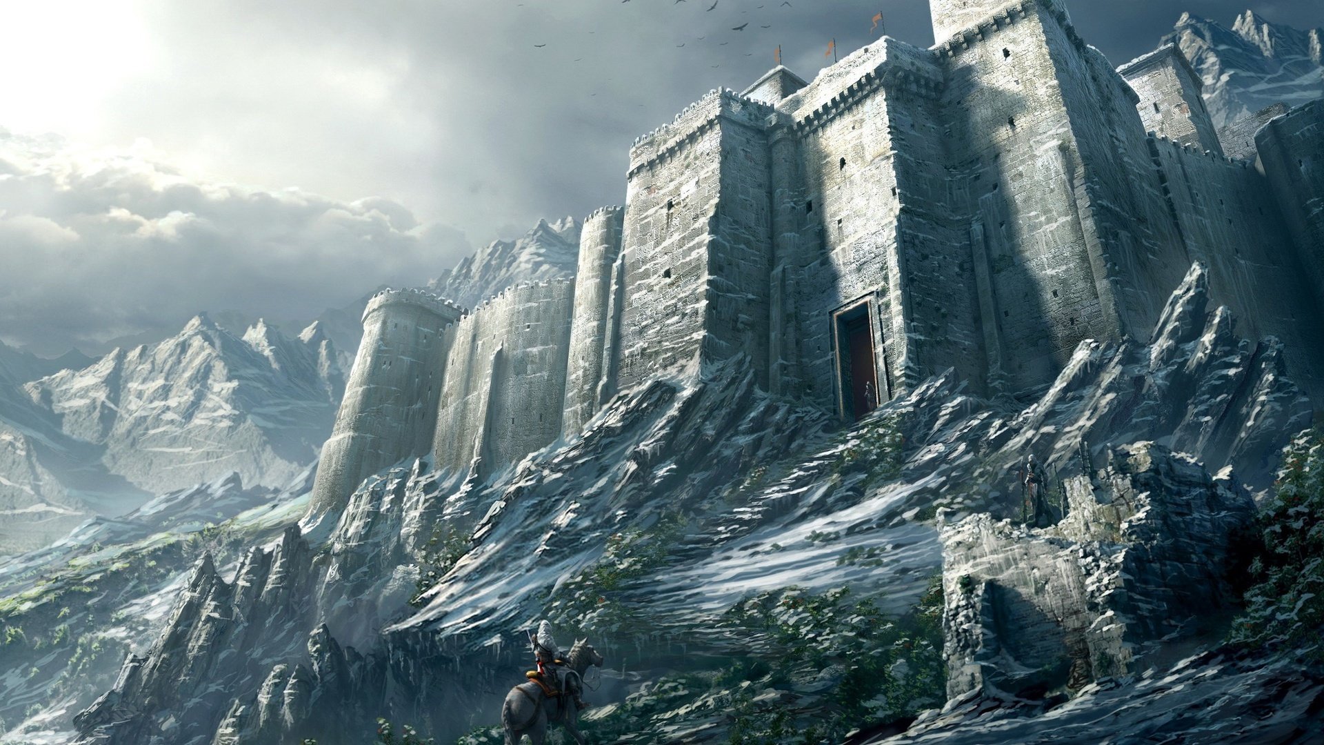 Обои горы, снег, воин, замок, mountains, snow, warrior, castle разрешение 2560x1600 Загрузить