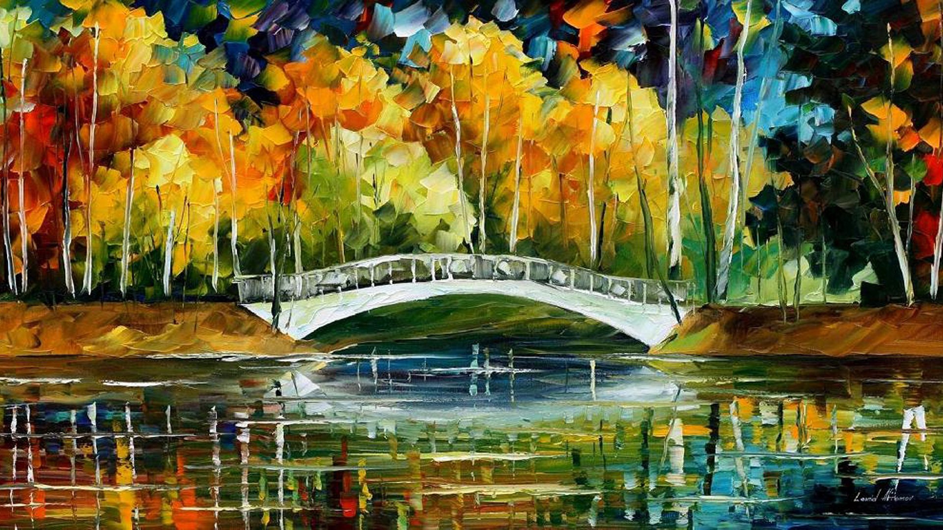 Обои мост, осень, white bride new oil, картина маслом, bridge, autumn, oil painting разрешение 2200x1200 Загрузить